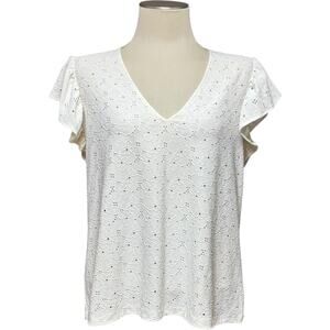 Michael Michael Kors V-Neck Flutter Sleeve Embroidered Eyelet Top Cream XL